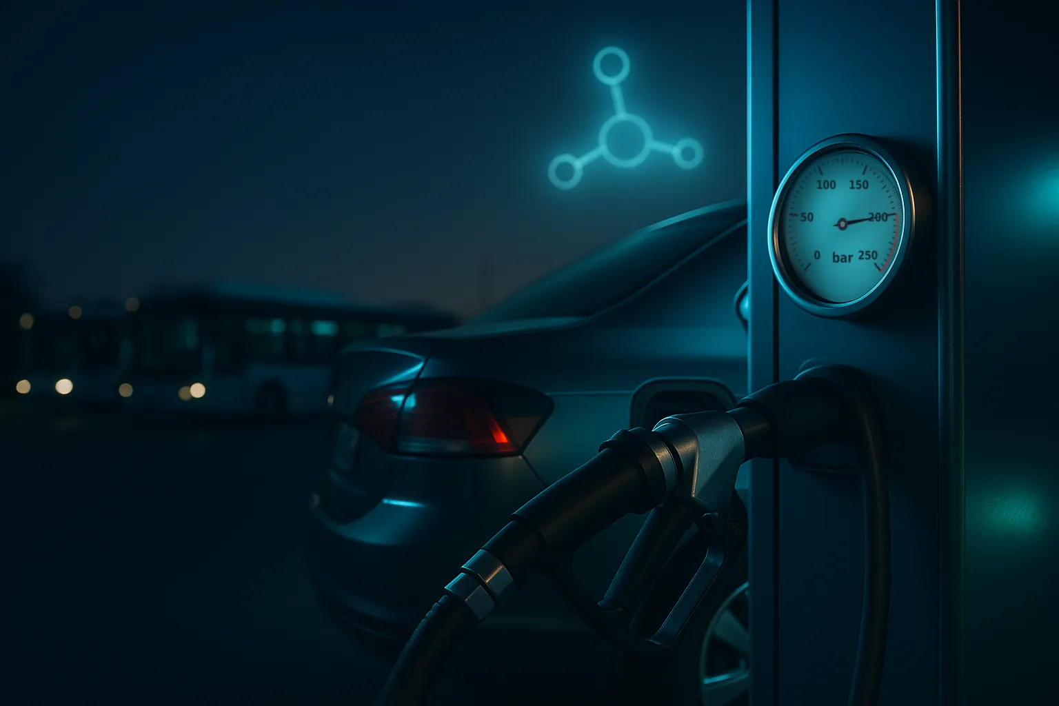 Tankowanie CNG nocą: końcówka dystrybutora sprężonego gazu ziemnego wpięta w samochód osobowy, manometr ze skalą 0–250 bar wskazuje 200 bar, w tle autobusy miejskie