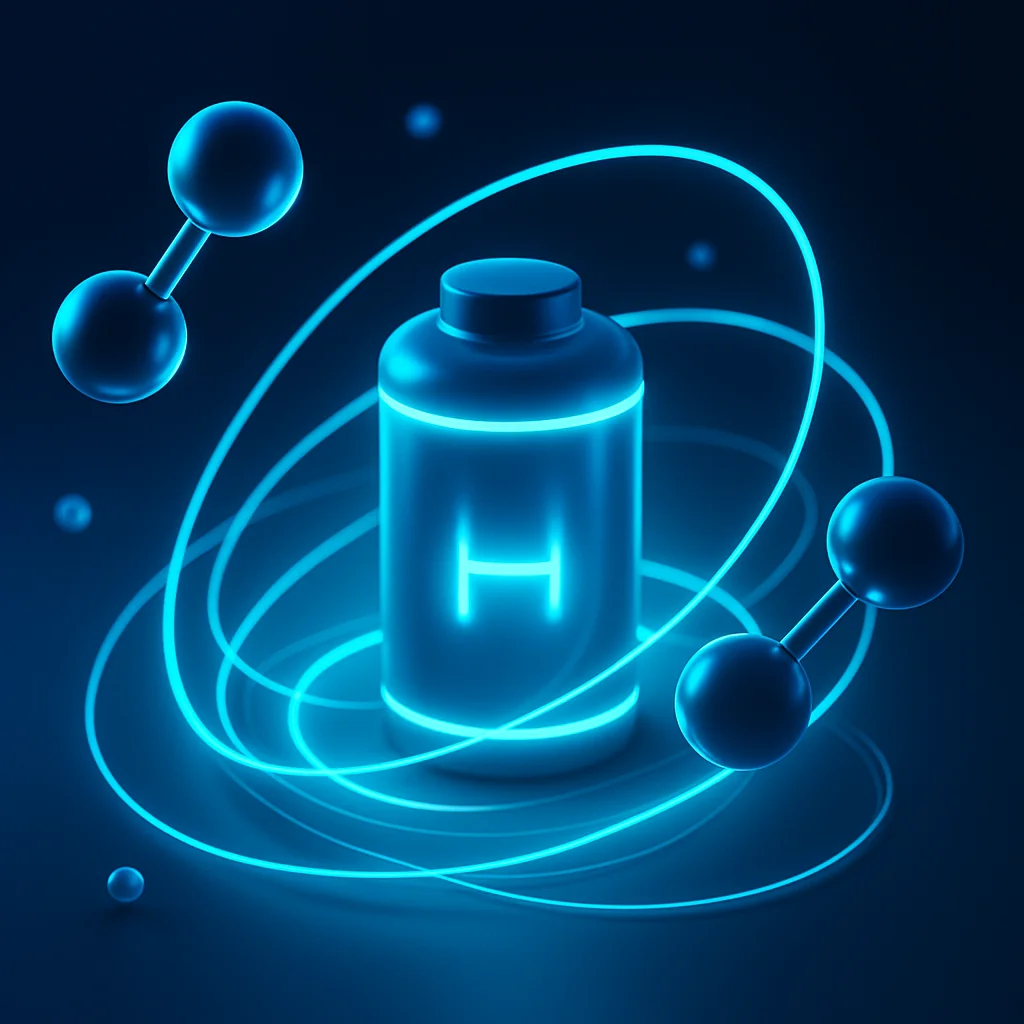 Symbol H2 i cząsteczki wodoru w niebieskiej poświacie — najlżejszy pierwiastek chemiczny o gęstości energetycznej ok. 120 MJ/kg