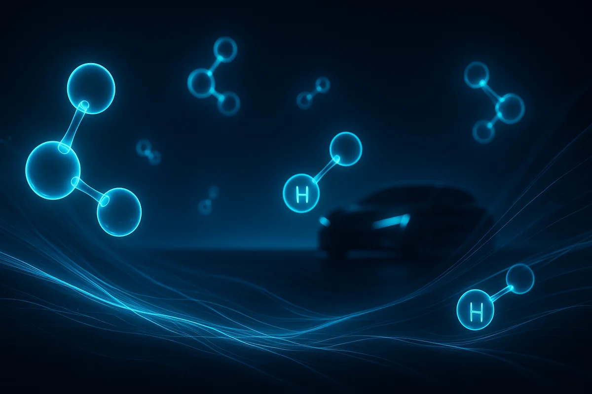 Futurystyczna stacja tankowania wodoru H2 w nocnej scenerii z poświatą cyan — symbol paliwa przyszłości w motoryzacji