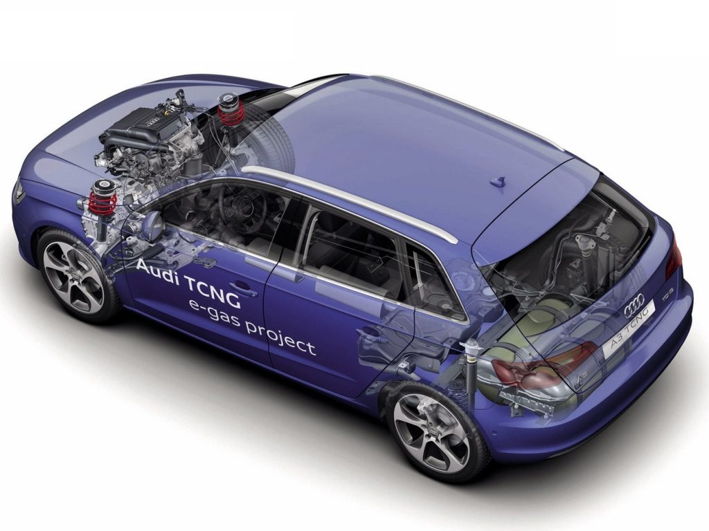 Audi A3 Sportback TCNG niebieski prezentacja na tle studio