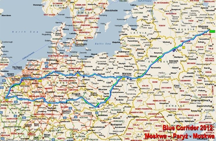 Mapa trasy rajdu Blue Corridor 2012 przez Europę