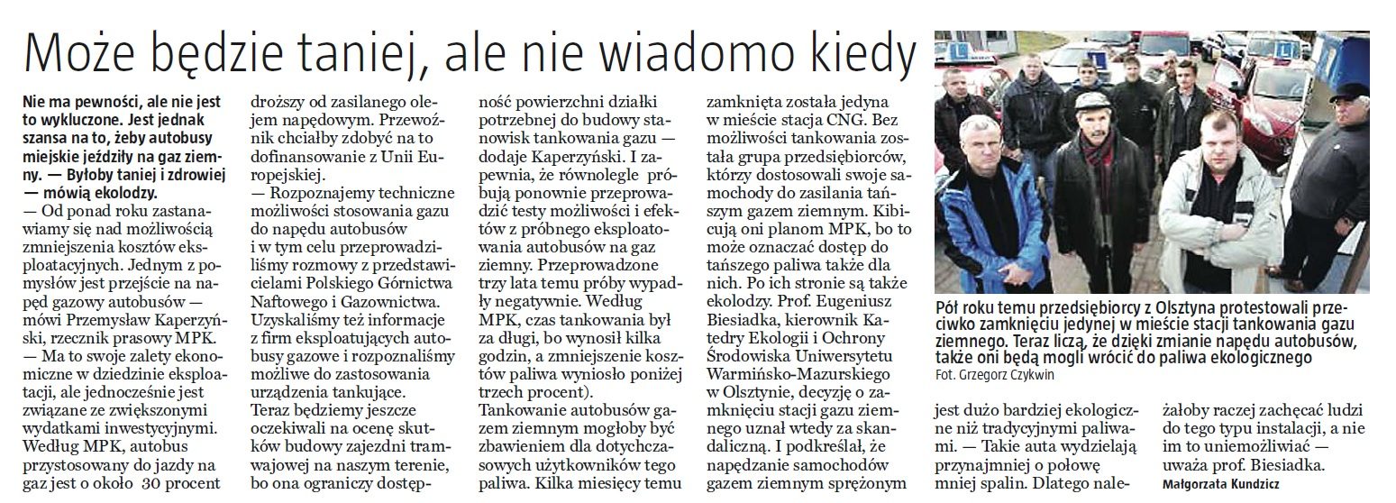 Skan artykułu Gazety Olsztyńskiej o dostawach autobusów CNG