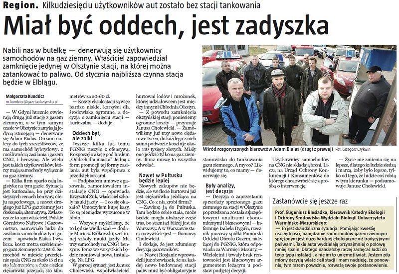 Artykuł z Gazety Olsztyńskiej o zamknięciu stacji CNG w mieście