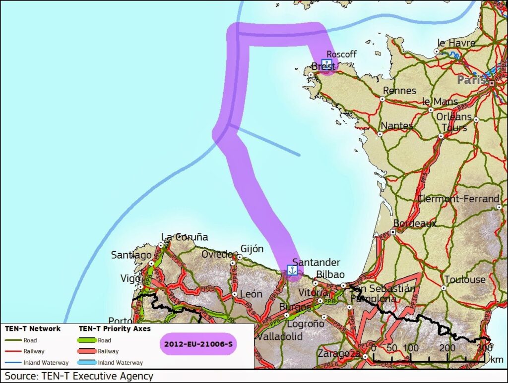 Mapa portów Roscoff i Santander połączonych przez LNG Corridor