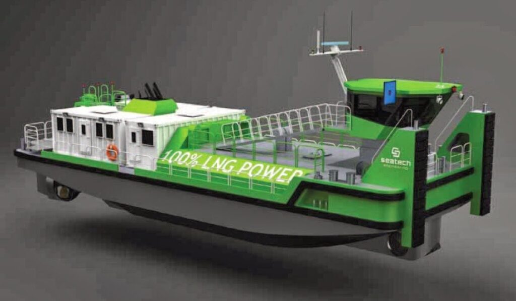 Projekt pchacza rzecznego LNG Seatech Engineering z kabiną kapitańską na dachu