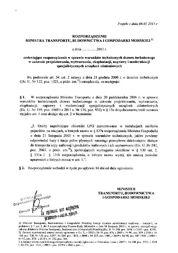 Projekt rozporządzenia Ministerstwa Transportu, Budownictwa i Gospodarki Morskiej dotyczący samodzielnego tankowania