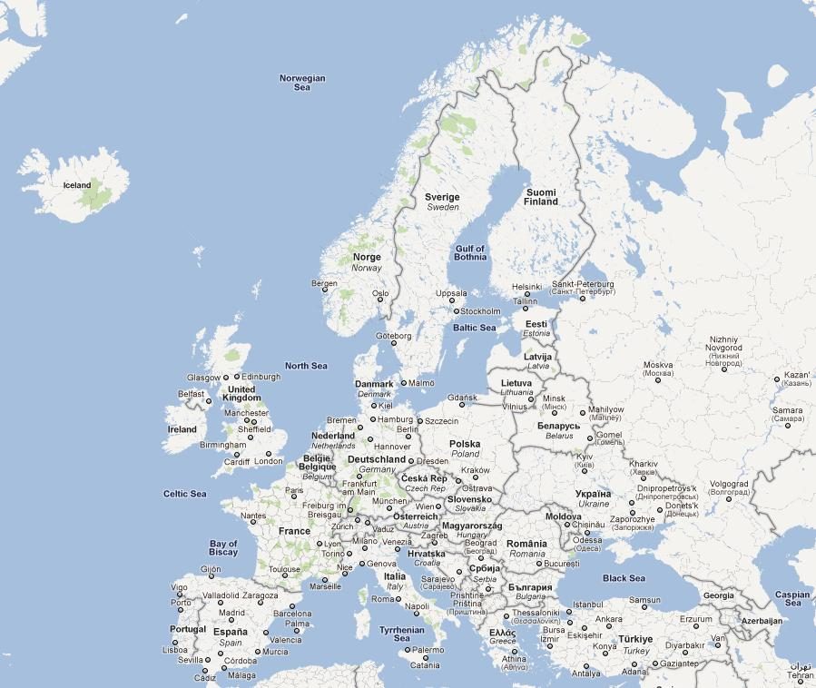 Mapa Europy z zaznaczonymi stacjami CNG we wszystkich krajach europejskich