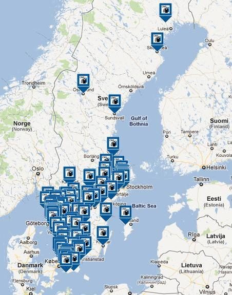 Mapa stacji CNG w Szwecji z gęstą siecią punktów tankowania na terenie kraju