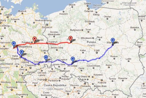 Mapa trasy dojazdu z Niemiec do Oschersleben na wyścig Scirocco