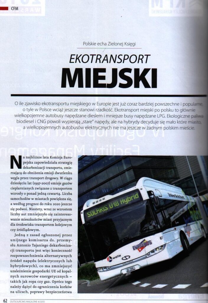 Strona artykułu o ekotransporcie miejskim z czasopisma Outsourcing